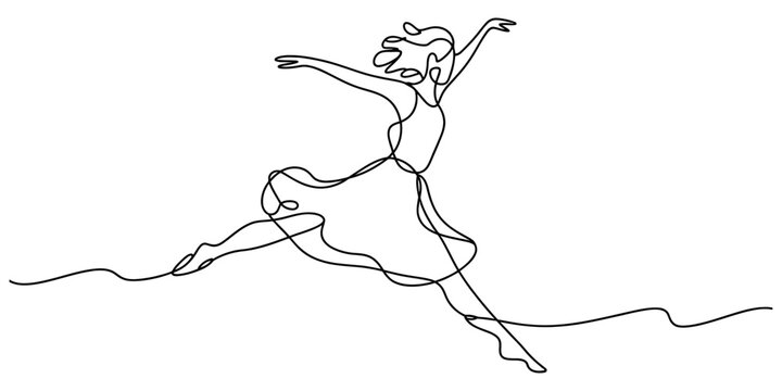 Continuous single line drawing of a dancing woman in a dress leaping and jumping Vector, illustration