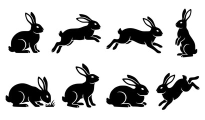 Naklejka premium Rabbit Silhouette Vector Collection with Eight Stylized Bunny Poses