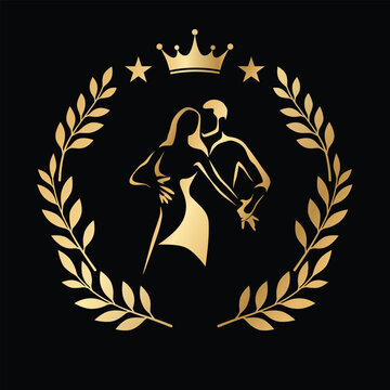 Elegant dance couple emblem framed by laurel wreath, crown and stars. Luxury championship style design suitable for ballroom dance competitions, latin dance festivals, salsa and bachata events, dance 