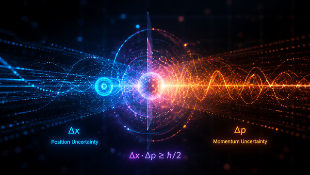Heisenberg Uncertainty Principle Diagram With Position And Momentum Visualization | Quantum Physics Measurement Limitation Concept | Abstract Scientific Formula And Particle Wave Model