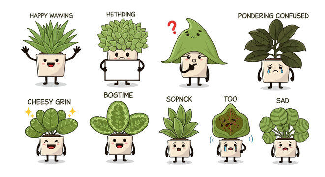 Cute plant characters with different emotions, funny faces, cartoon illustrations