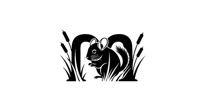 Black and white squirrel illustration with grass details.
