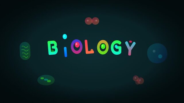Colorful Biology Text with Microscopic Organisms Animation.