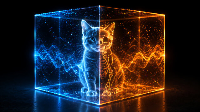Quantum Cat Inside Holographic Cube With Energy Waveforms | Schr&ouml;dinger Cat Concept In Futuristic Physics Simulation | Abstract Quantum Mechanics Visualization With Dual State Particles