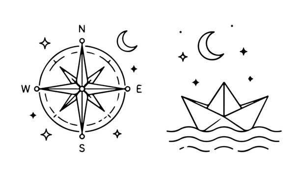 Celestial navigation line art set with nautical compass paper boat stars and moon