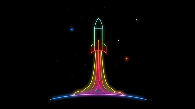 Neon rocket blasting off against a starry black background