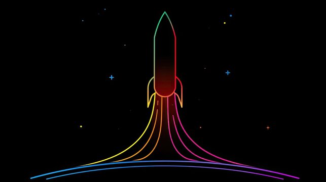 A colorful, minimalist rocket blasts off into a dark, starry sky