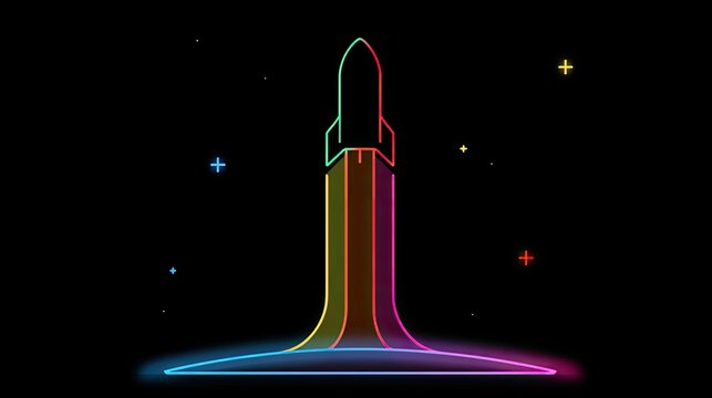 Rocket launching with colorful, glowing exhaust trails against a dark, starry background
