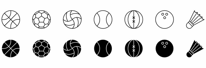 Fototapeta premium Sports Balls and Equipment Line and Glyph Icon Vector Set
