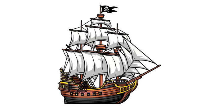 Pirate ship sailing on ocean, vintage sailing vessel, nautical background