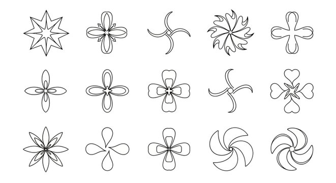 Set of flower and windmill line art icons, simple illustrations