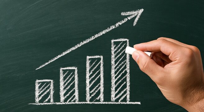 Hand draws upward trending bar chart with arrow on chalkboard