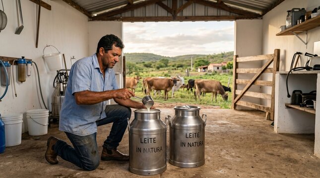 Dairy farmer inspecting fresh raw milk inside aluminum cans on farm