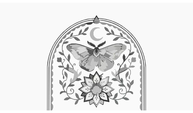 Esoteric linear boho arch frame ornament with celestial moth and moon flower, detailed mystical vector logo on white background