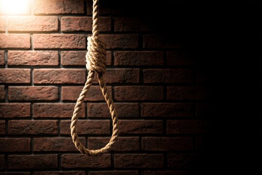 A noose hangs ominously against a dimly lit brick wall, casting a shadow