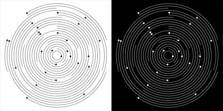 Abstract geometric concentric circle line pattern vector illustration set. Simple black and white circular vortex layout, minimalist constellation dot and spiral linear graphic design isolated