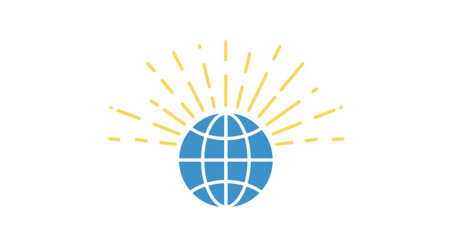 Blue globe icon with yellow rays of light radiating from behind on white background.
