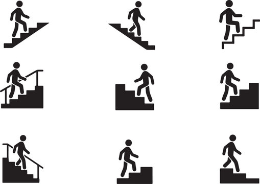 Set of stair climbing and descending stick figure icons showing staircase navigation, movement directions, accessibility concepts