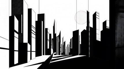 Obraz premium Skyscraper city skyline illustration featuring abstract buildings in a minimalist black and white style with geometric shapes and sharp lines