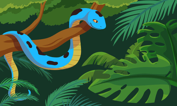 Cute Blue Snake Cartoon Character on Tree Branch in Jungle Background Vector Illustration