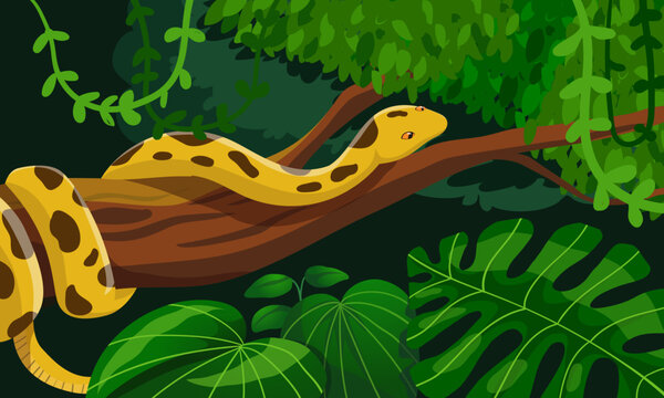 Cute Yellow Snake Cartoon Character on Tree Branch in Tropical Jungle Vector Illustration