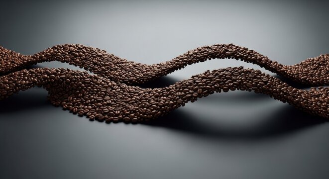 Two parallel sinuous waves of roasted whole coffee beans flowing across a dark grey surface, studio lighting creating soft shadows, detailed macro view of brown caffeine seeds.