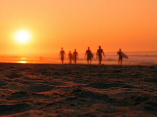 Fototapeta premium Surfers with surfboard walking along the beach at sunset silhouette by the ocean