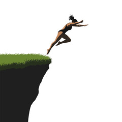 Female Extreme Cliff Diver Leaping from Grassy Headland © Shakeel