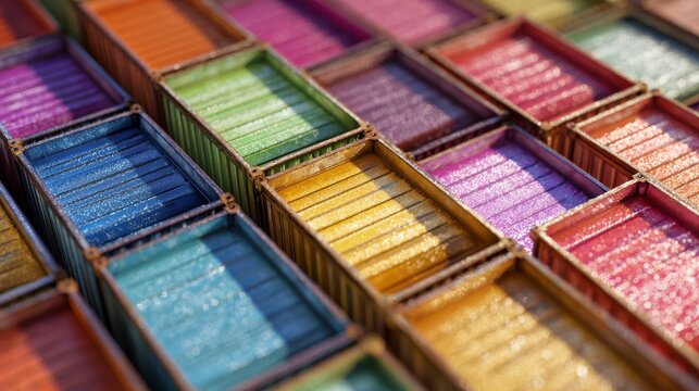 Close-up of multicolored rectangular containers arranged in a grid, each filled with a textured, colorful substance