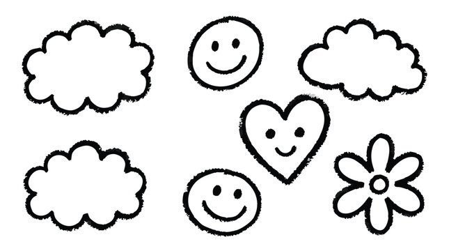 Hand drawn collection of simple cartoon clouds smileys heart and flower isolated on transparent background