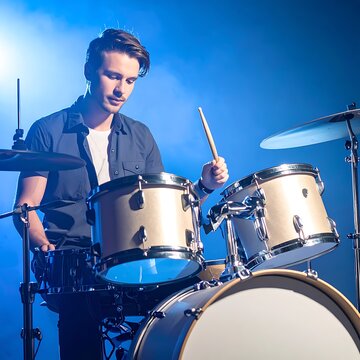 Young man playing drums with intensity