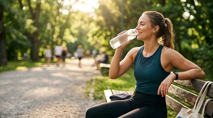 Fototapeta premium Athletic Woman Resting on Park Bench Drinking Water Bottle Morning Light