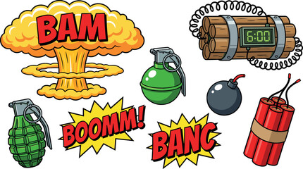 Comic Book Style Explosion Cloud and Weaponry Vector Set with Dynamite Time Bomb Grenade and Loud Text Effects © Vectorfair