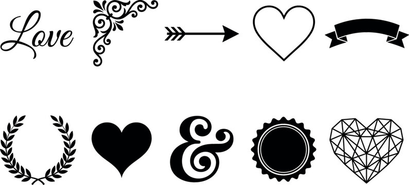 Vintage Romance Graphic Element Vector Set with Hearts Laurel Wreath Arrow Ribbon and Calligraphy Text for Wedding Designs