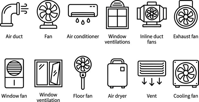 HVAC Ventilation and Air Conditioning Line Icon Set with Fans Ducts Vents and Coolers for Climate Control Engineering Designs
