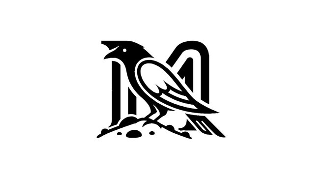 Black and white raven perched on letter M design.