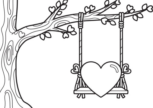 Heart shaped swing hanging from a tree branch with hearts