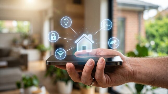 Smart Home Integration: A hand holding a smartphone displays a futuristic interface connecting to a smart home system, illustrating seamless control over various household functions.
