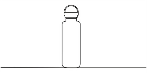 Continuous one line drawing of water drink bottle. Sports water bottle single line vector illustration Continuous line drawing of a plastic water bottle filled with, isolated on white background.  © JACKALLIS