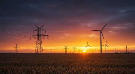 Obraz premium Wind turbines and power lines at sunset generating clean energy