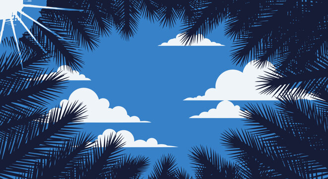 A vibrant blue sky with fluffy white clouds and a bright sun, framed by the dark silhouettes of tropical palm leaves, creates a serene natural border.