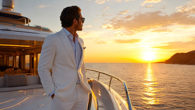 Successful Businessman in White Suit on Luxury Yacht at Sunset, Elegant Entrepreneur Enjoying Ocean View, Wealth, Leadership, Freedom and Premium Travel Lifestyle Concept