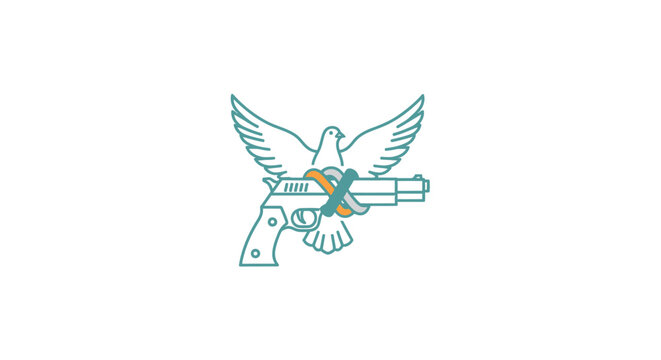 Dove holding a pistol symbolizing peace and conflict.