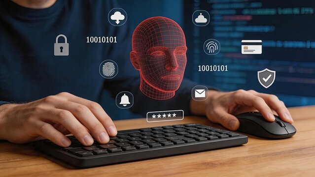 Cyber security concept with wireframe face scan, biometric authentication, digital identity protection, hacking prevention, data privacy, network safety, password encryption