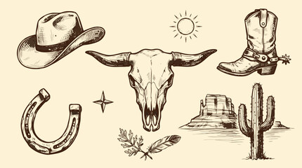 Collection of western themed illustrations including a cowboy hat bull skull and desert landscape elements © Amirul