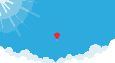 Fototapeta premium A tiny red hot air balloon floats peacefully high above fluffy white clouds in a bright blue sky under a shining sun, symbolizing freedom and adventure.