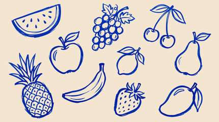 Hand drawn fruit icons in blue on beige background including pineapple apple banana © Amirul