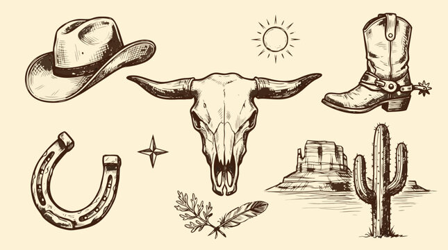 Collection of western themed illustrations including a cowboy hat bull skull and desert landscape elements