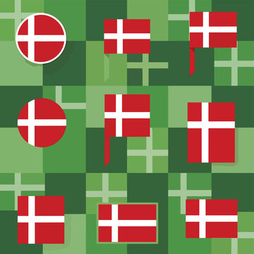 Colorful Danish Flags on Green Background Pattern.