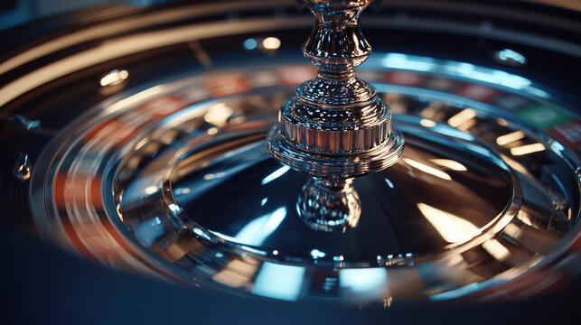 Spinning roulette wheel close view with chrome spindle colored pockets motion blur casino gaming risk luck entertainment nightlife betting strategy luxury chance concept suspense fortune